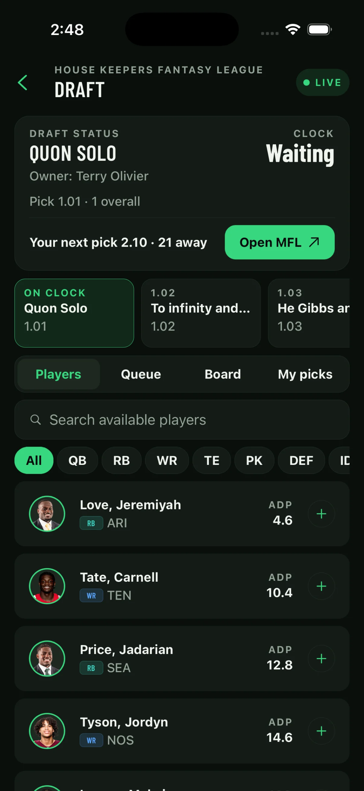 Live MFL draft room showing draft status, the pick train, player search, position filters, and a private queue