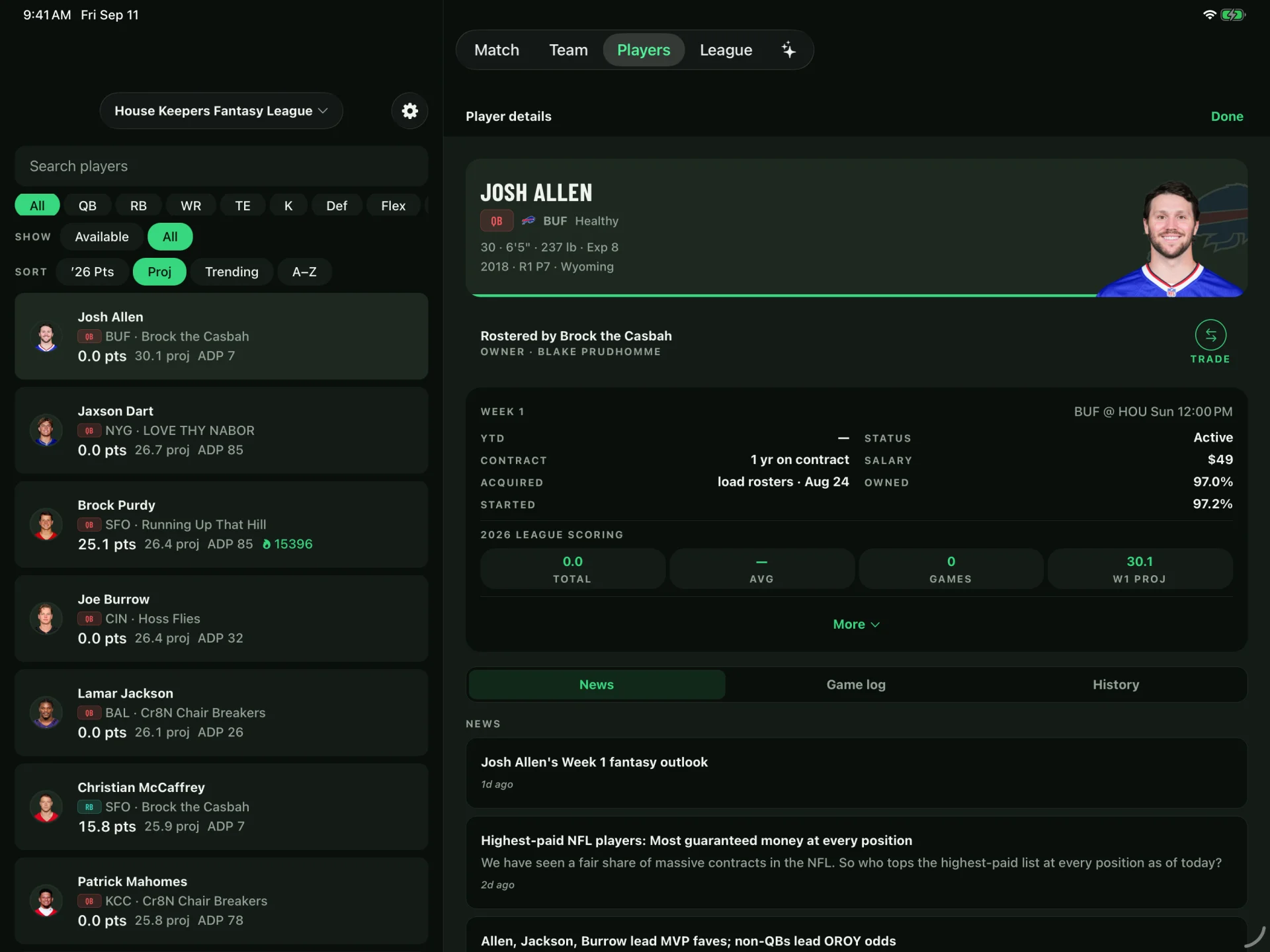 MFL Pro on iPad in dark mode, with player headshots in the league list beside Josh Allen’s photo, Bills logo, projections, contract details, and news
