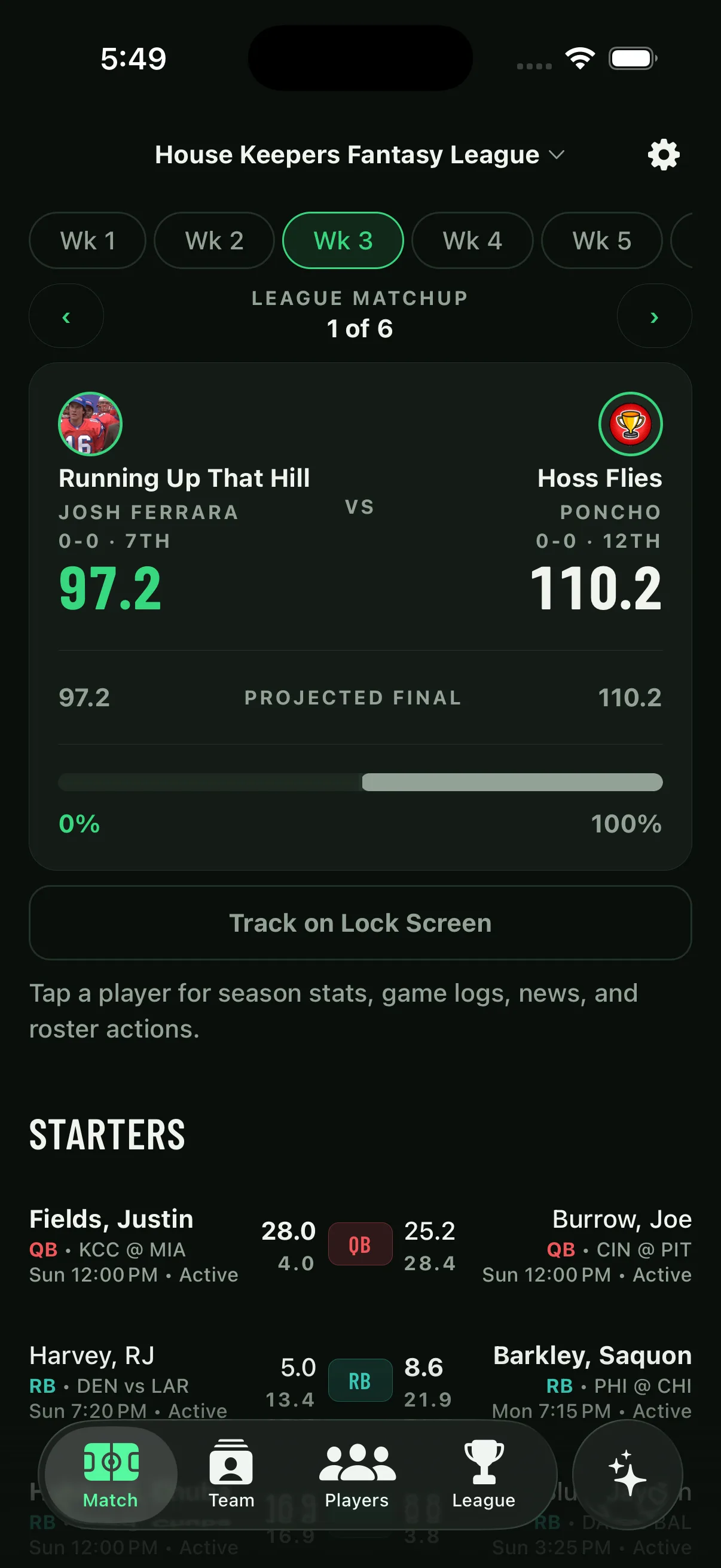 Side-by-side MFL matchup with projected final and win probability