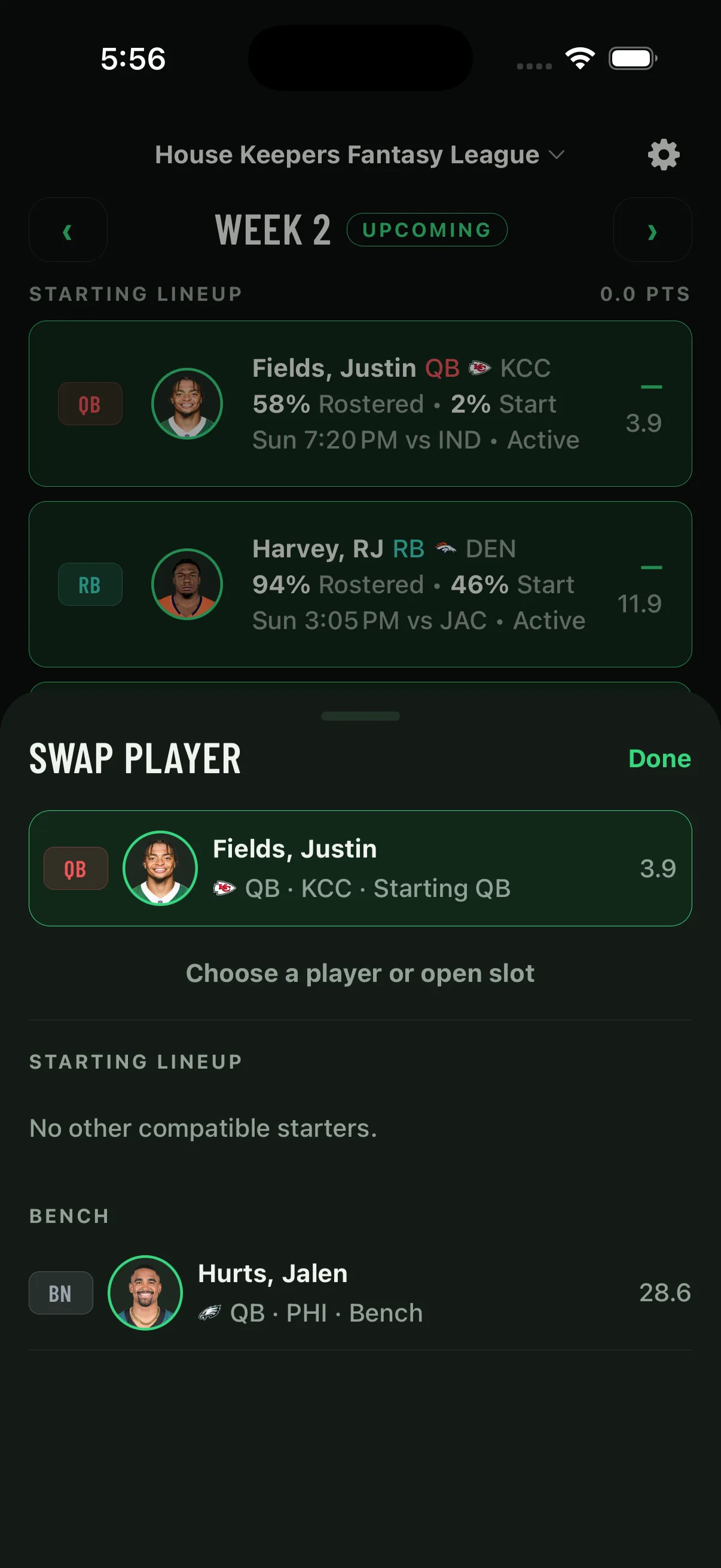 Native swap-player sheet comparing the current starter with a bench option