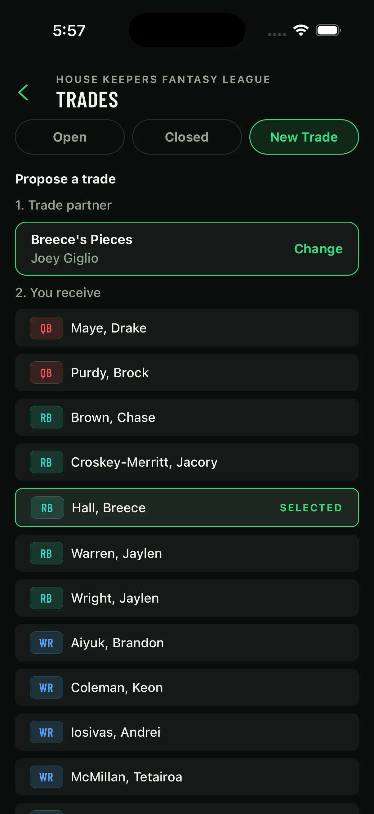 Trade builder with a selected partner and incoming player asset